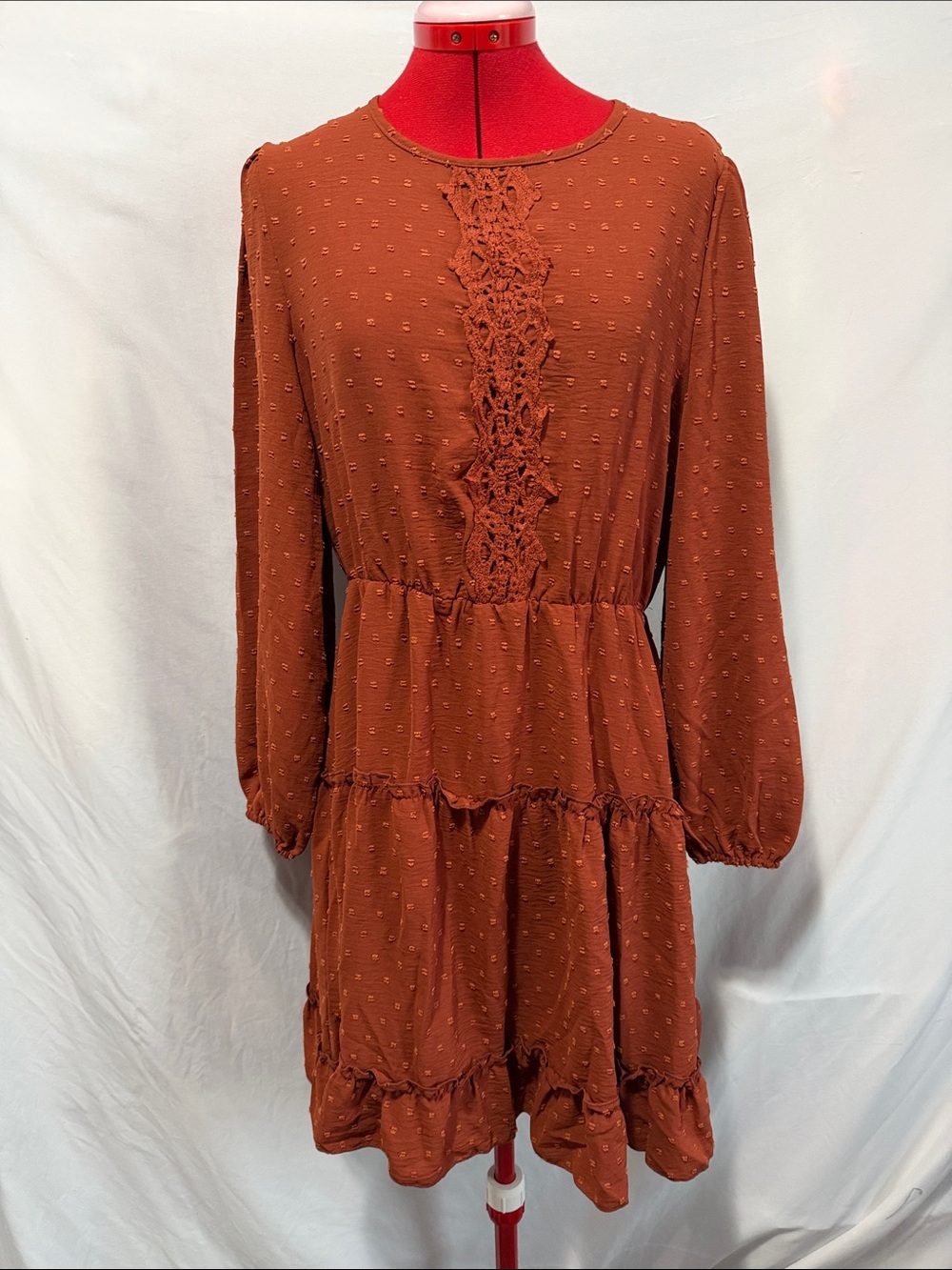 Tiered Long-Sleeve Dress with Crochet Front in Rust